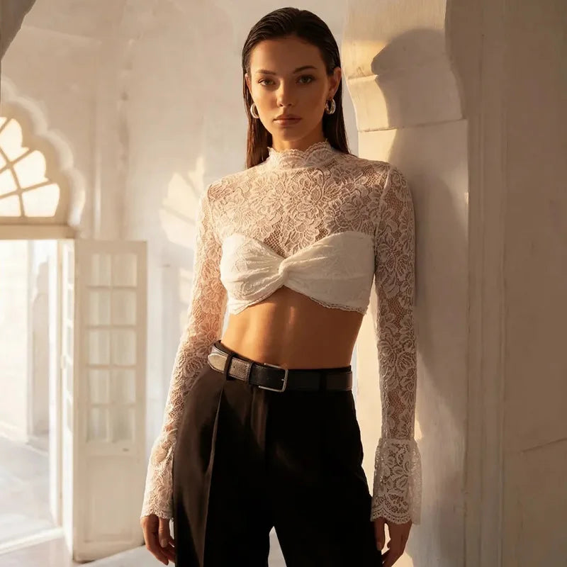 Flared Long Sleeve Lace Crop Top