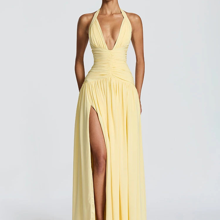 Halter Deep V Neck Backless Long Dress