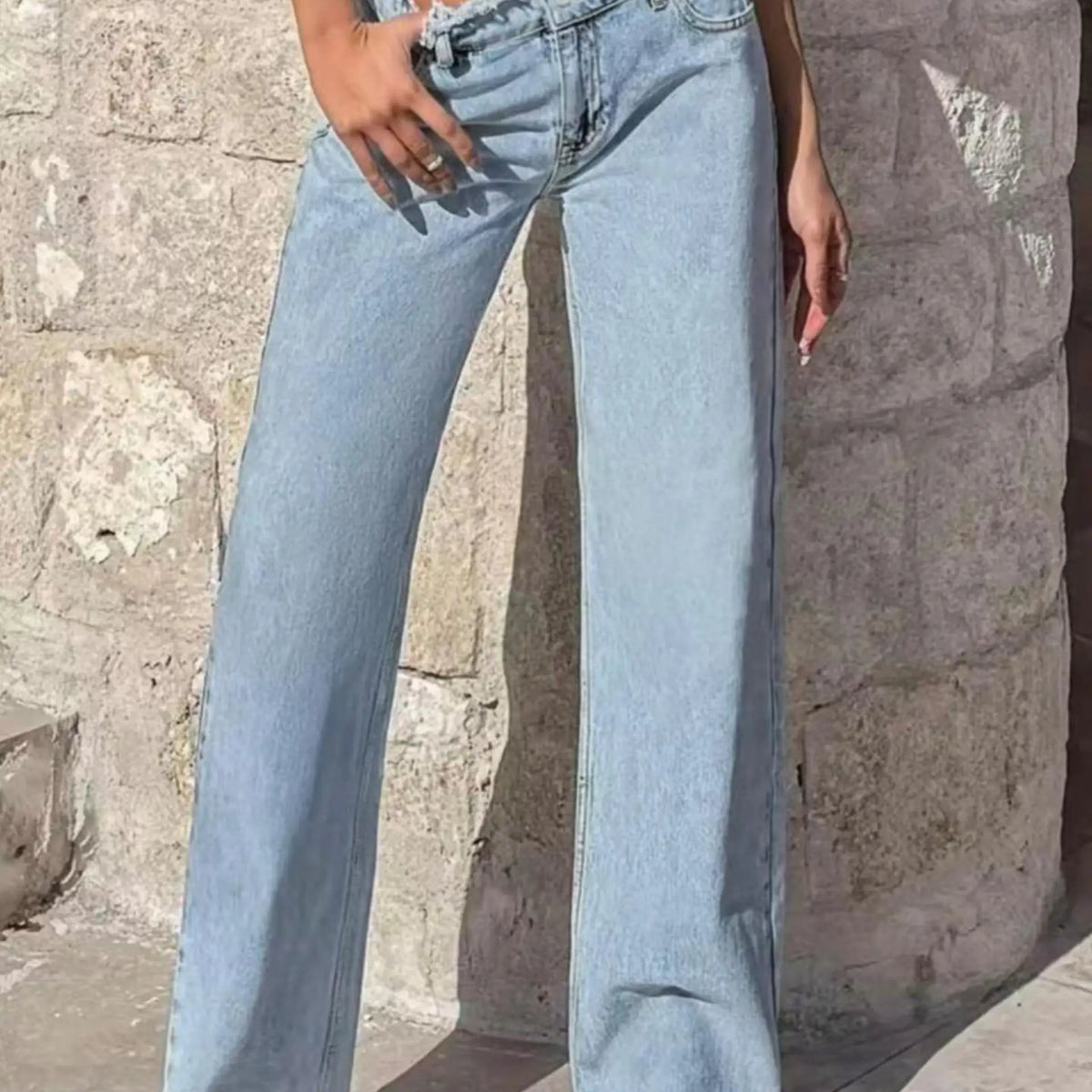 Light Blue Raw-Hem Straight-Leg Jeans