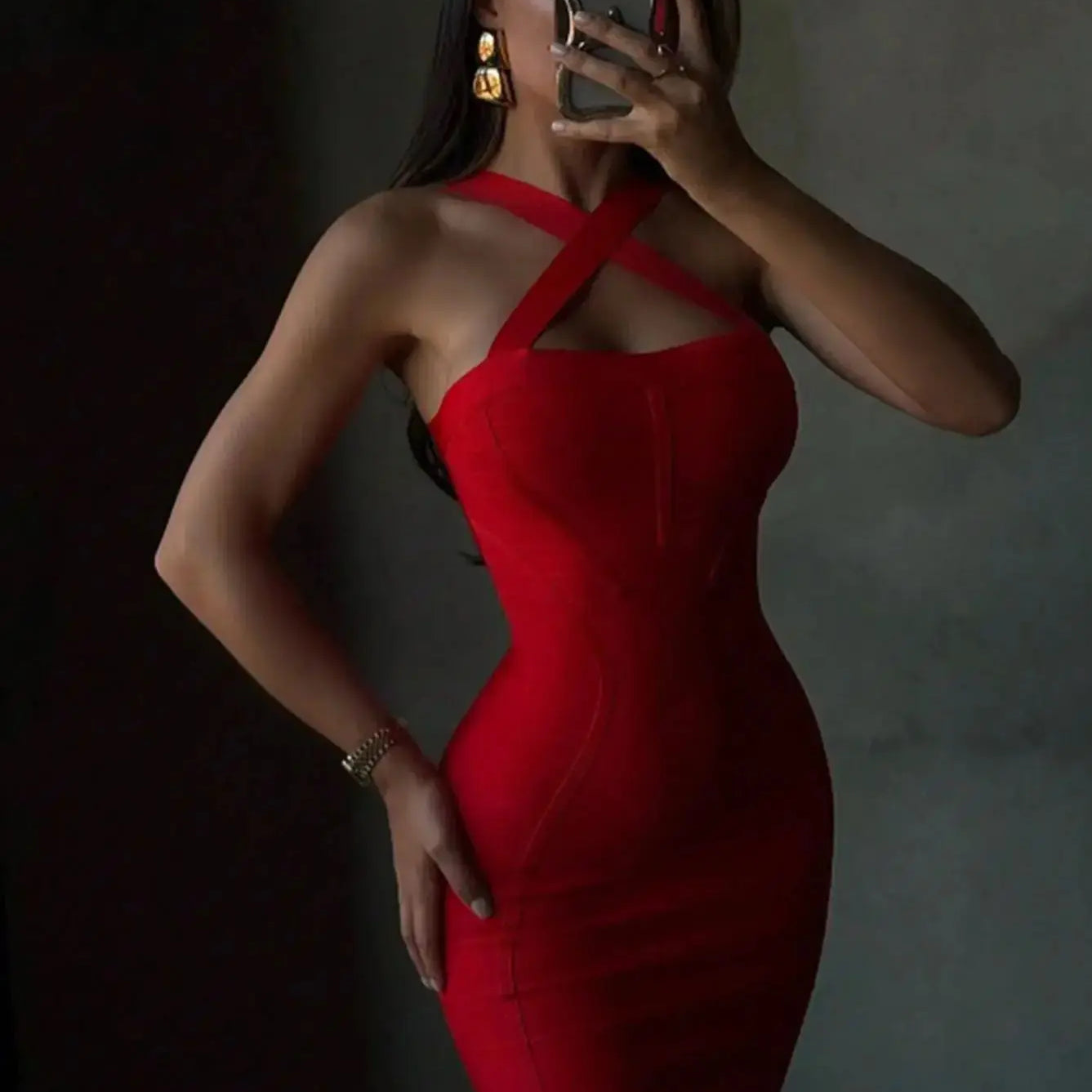 Halter Red Bodycon Midi Dress