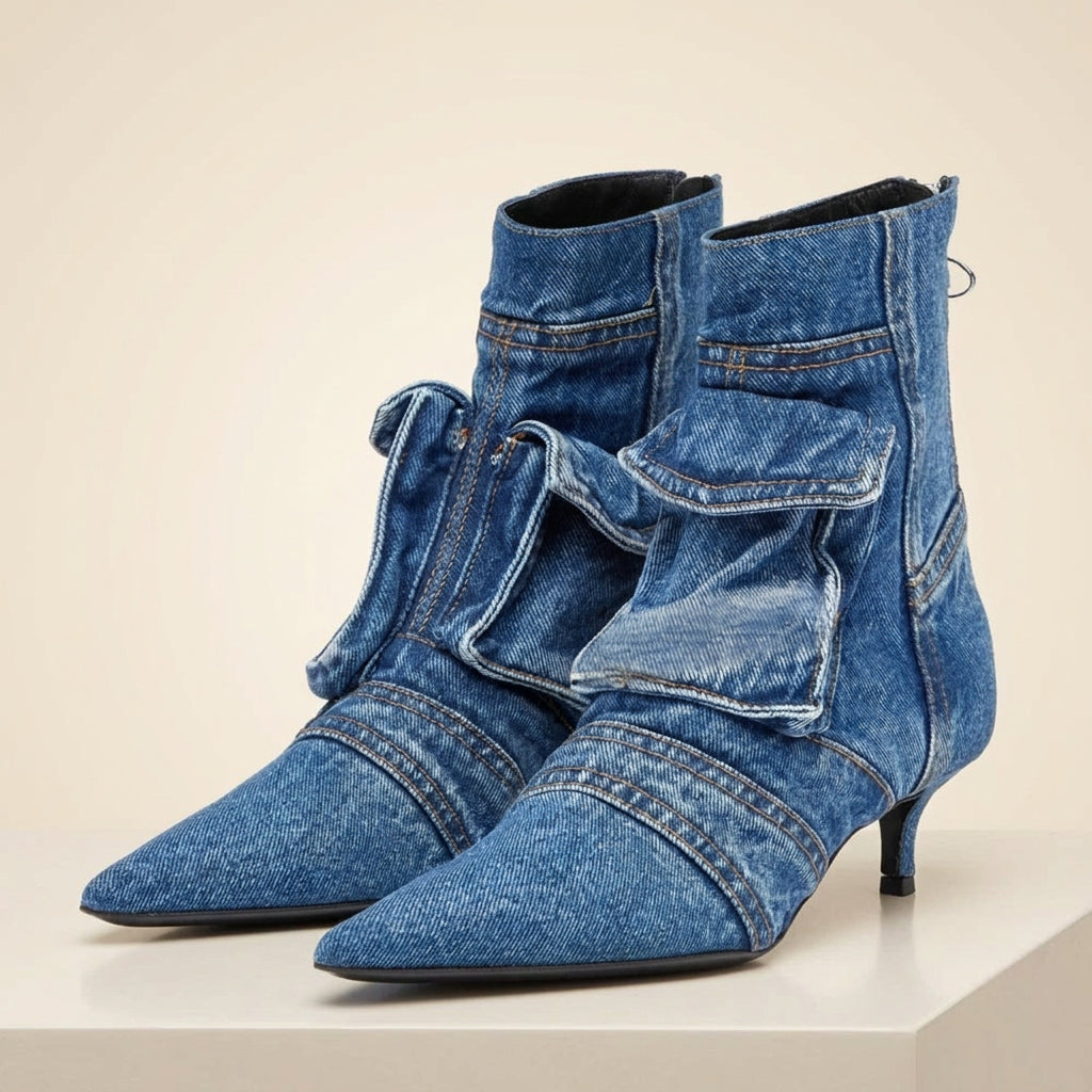 Blue denim high-heeled boots with a bow on a white background
