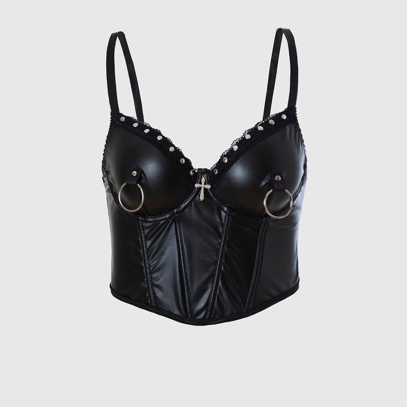 Punk Style Leather Cross Ring Crop Top