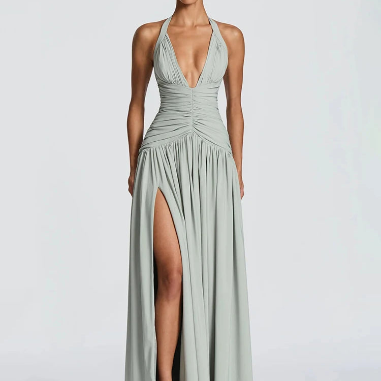 Halter Deep V Neck Backless Long Dress