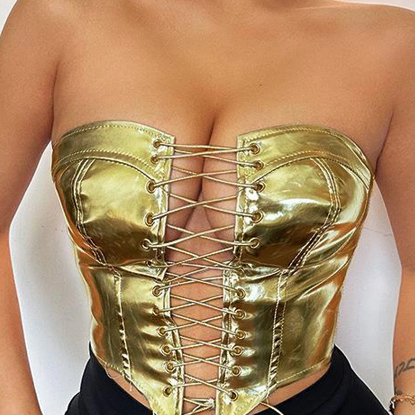 Metallic Color Lace-Up Front Crop Top
