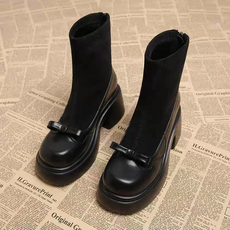 Solid Black Bow Stretch Sock Ankle Boots