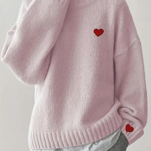 Red Heart Embroidery Knitted Sweater