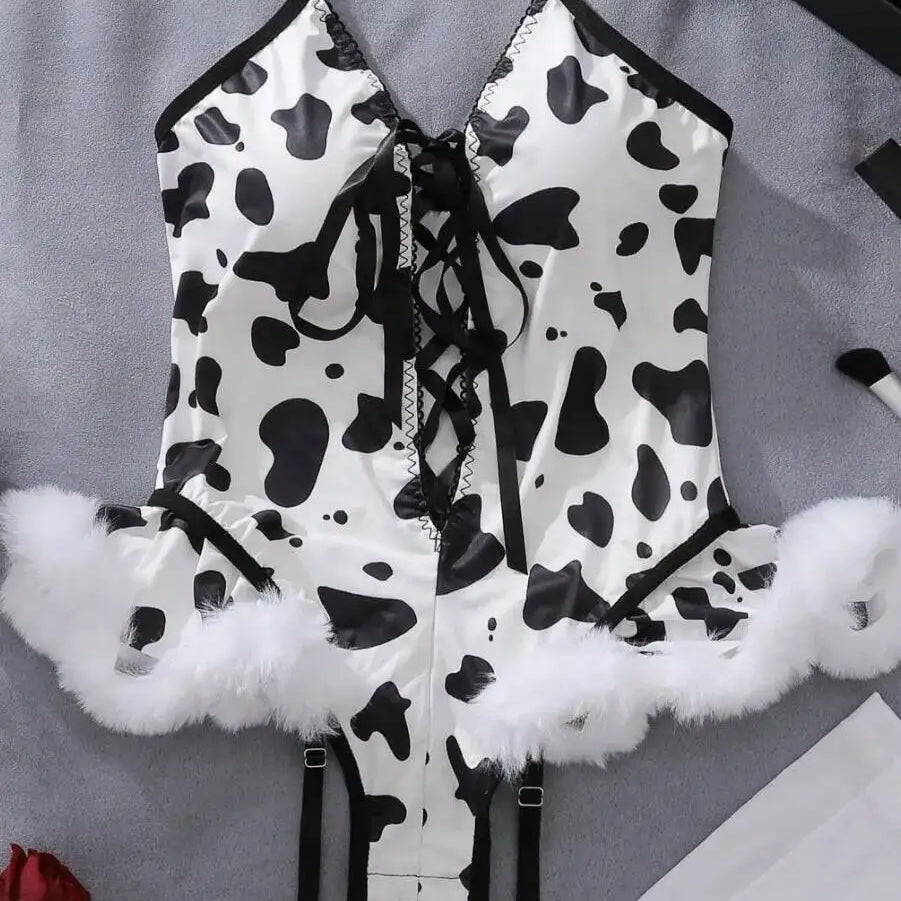 Cow Printed Furry Trim Backless Teddies