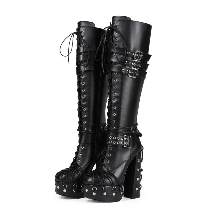 Gothic Buckle Studded Knee-High Boots