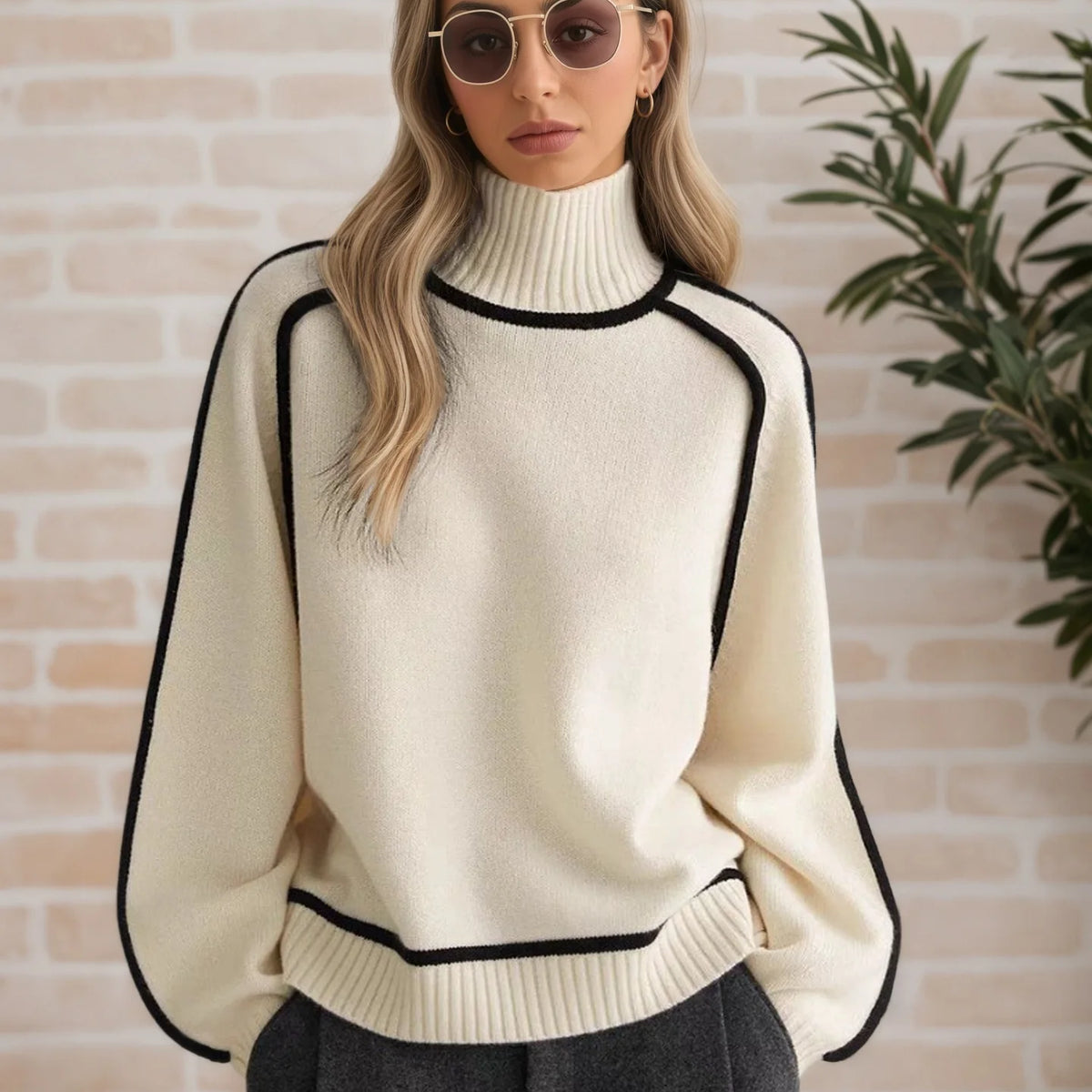 Black Lined Pullover Soft Sweater