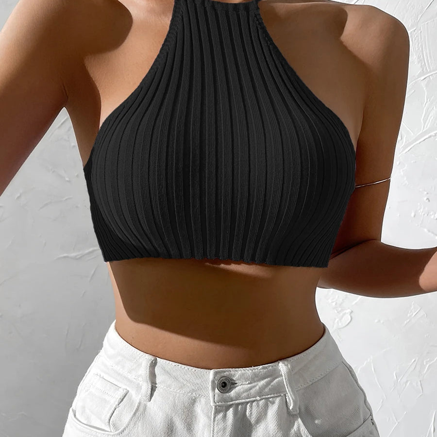 Tie Backless Halter Knit Crop Top