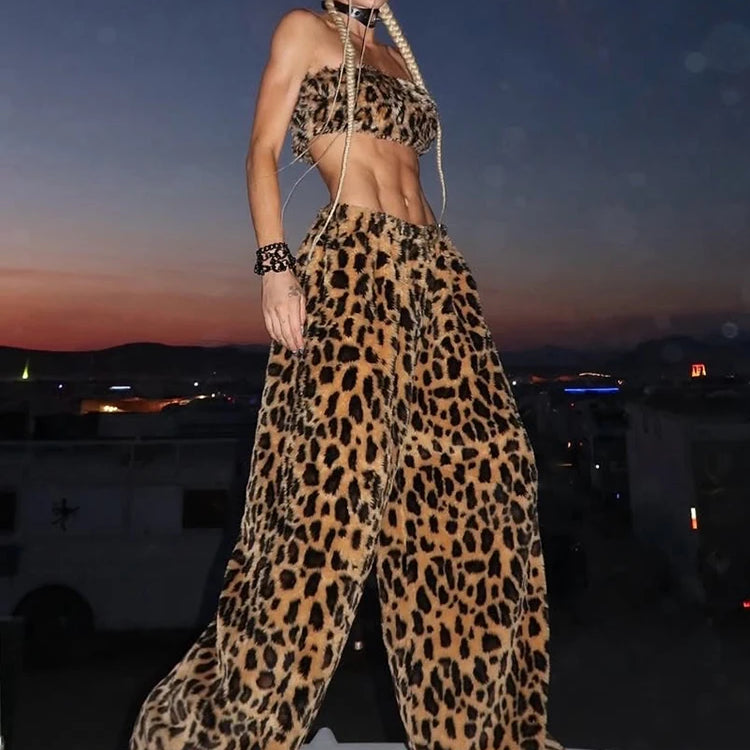 Furry Leopard Print Pants Set