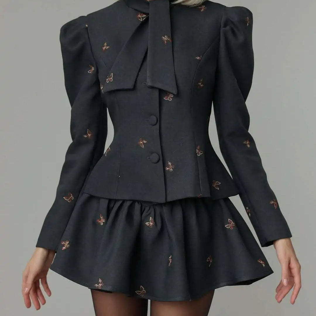 Bow Tie Neck Puff Sleeve Skirt Set