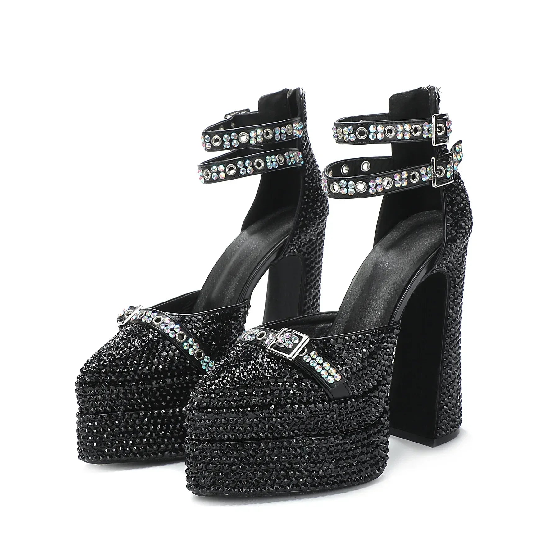 Pearl Beads Rhinestone Chunky Heels Shoes