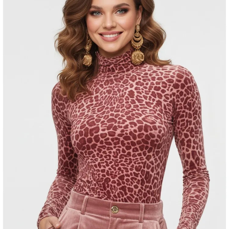 Pink Leopard Turtleneck Fitted Top