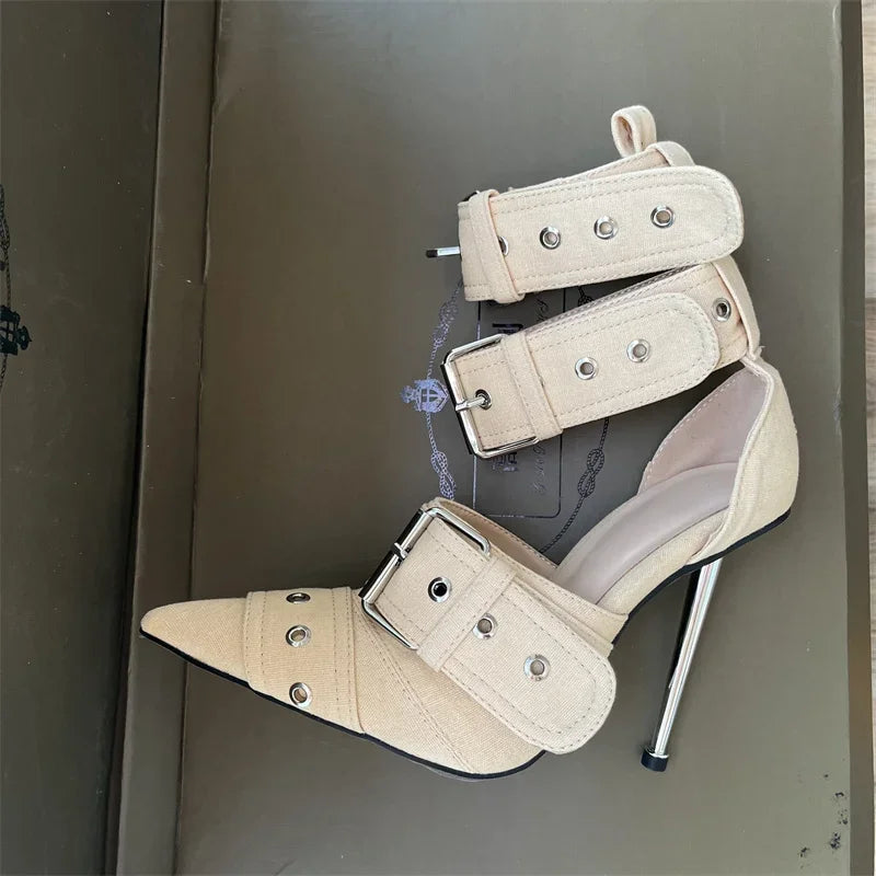 Rivet Buckle Metal Hollow Heels Shoes