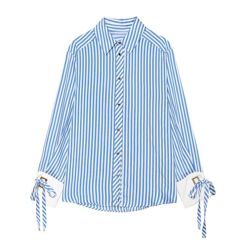 Bow Lace Cuff Striped Shirt