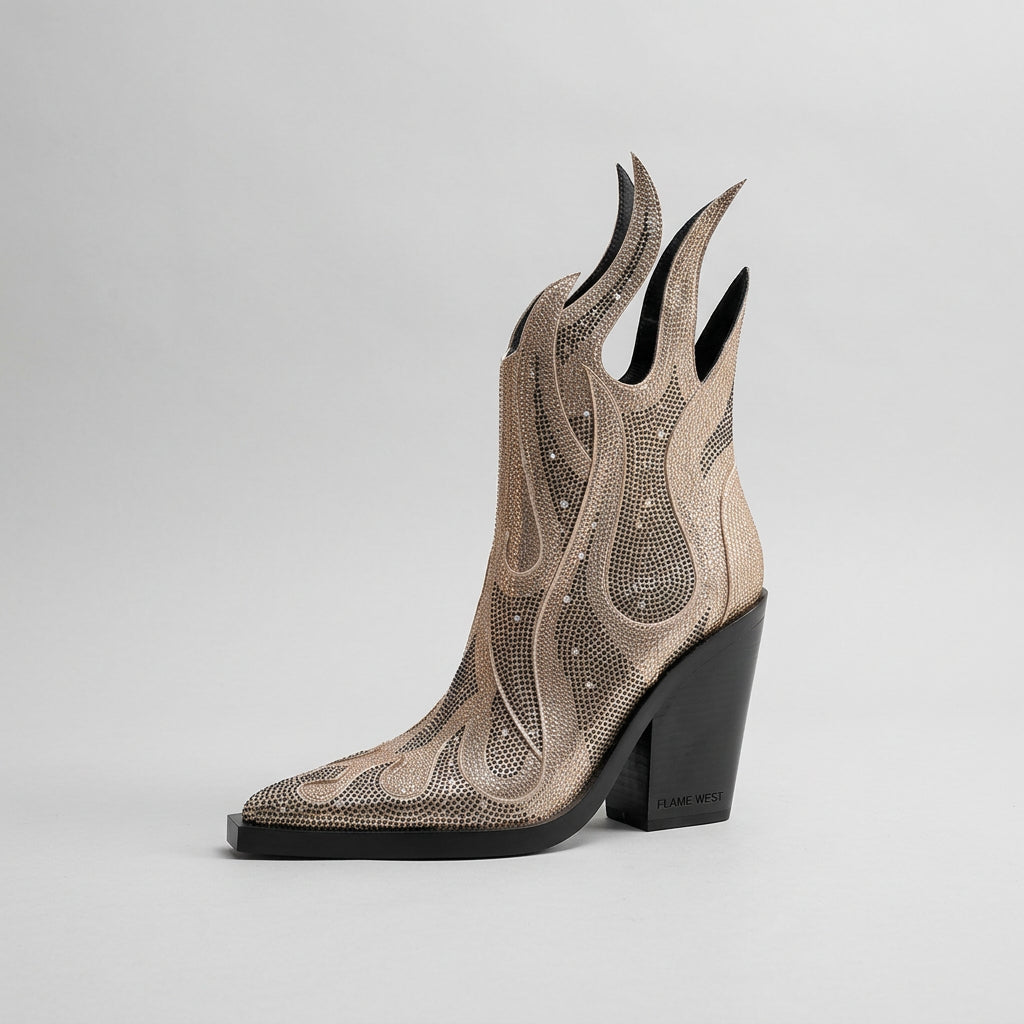 Flaming Rhinestone Pointed Toe Boots