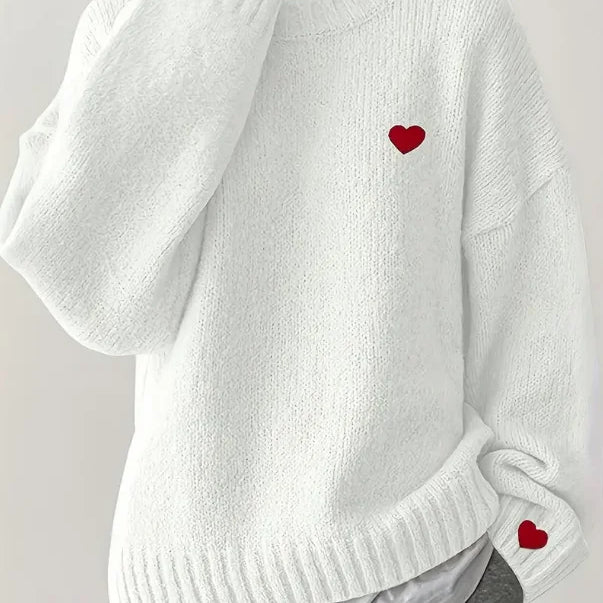 Red Heart Embroidery Knitted Sweater