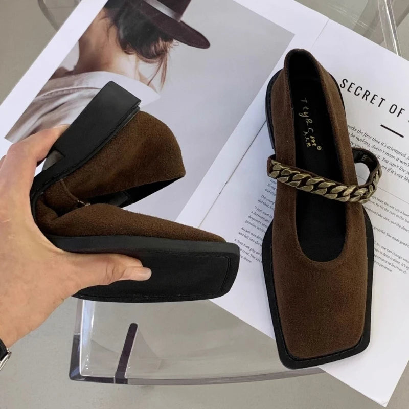 Chain Retro Square Toe Low Heel Shoes