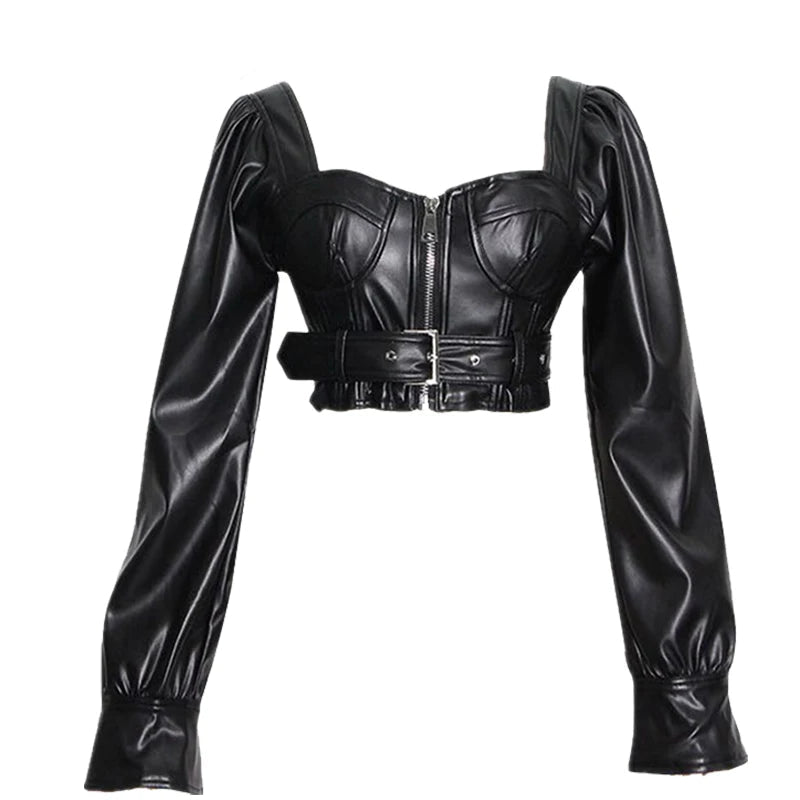 Black Leather Square Neck Crop Jacket