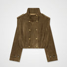 A cropped brown suede jacket with a high stand collar, double-breasted buttons, and shoulder epaulets, shown flat on a white background.