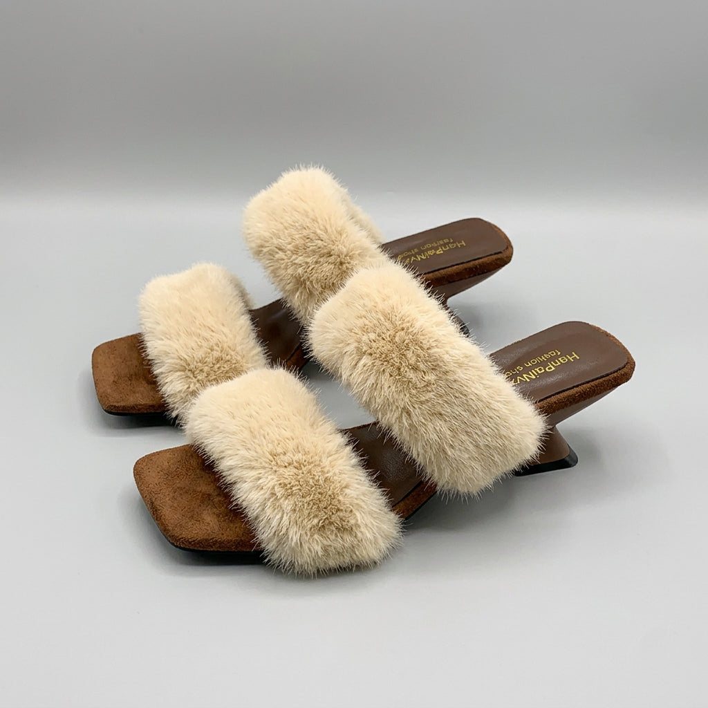 A pair of women's slide sandals with thick, fluffy cream-colored faux fur straps and brown suede-like square heels, displayed on a light gray surface.