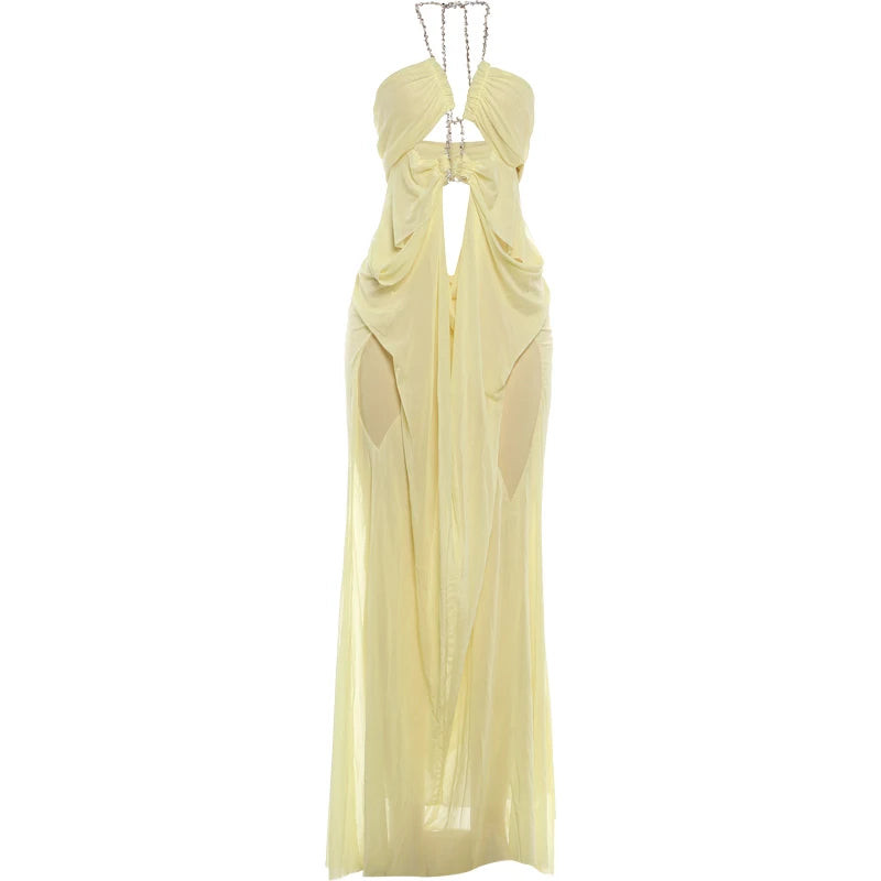 See-Through Halter Chain Backless Long Dress