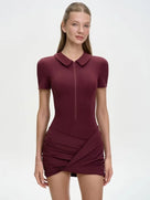 Solid Ruched Polo Collar Mini Dress