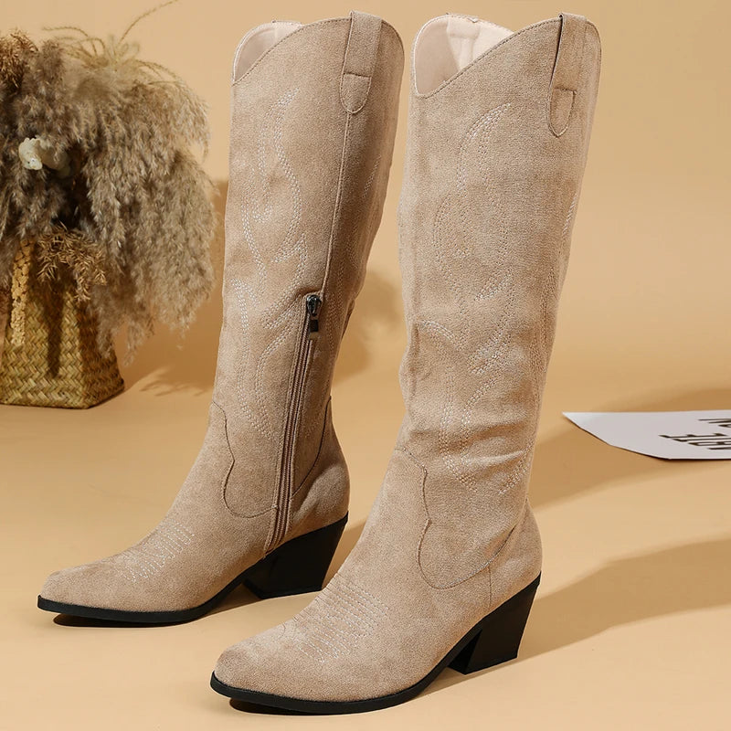 Khaki Flock Zipper Knee High Boots