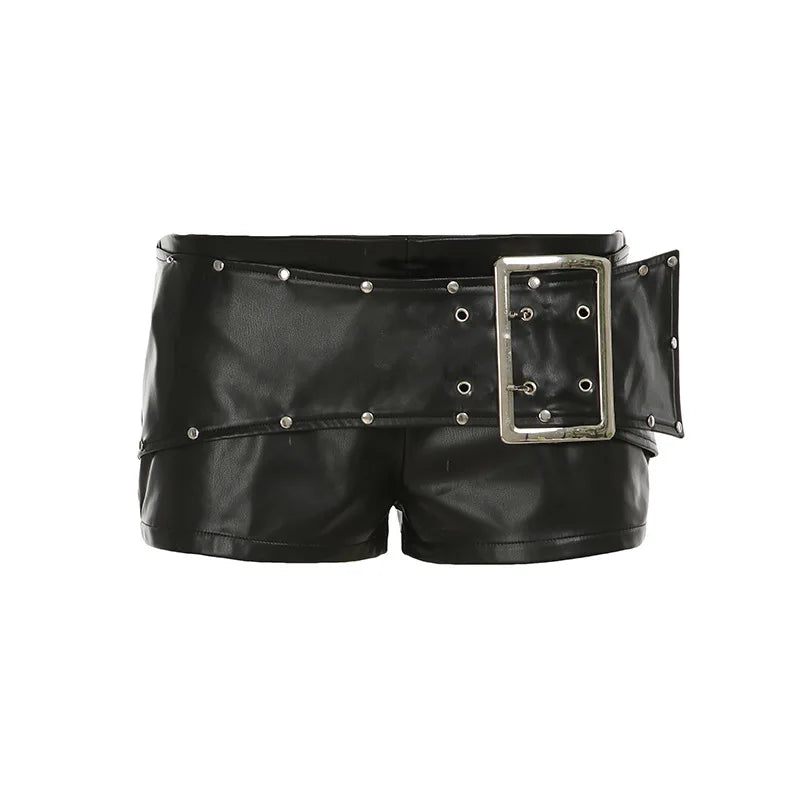 Sexy Rivet Buckle Belt Leather Shorts