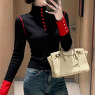 Buttoned Long Sleeve Turtleneck Tops