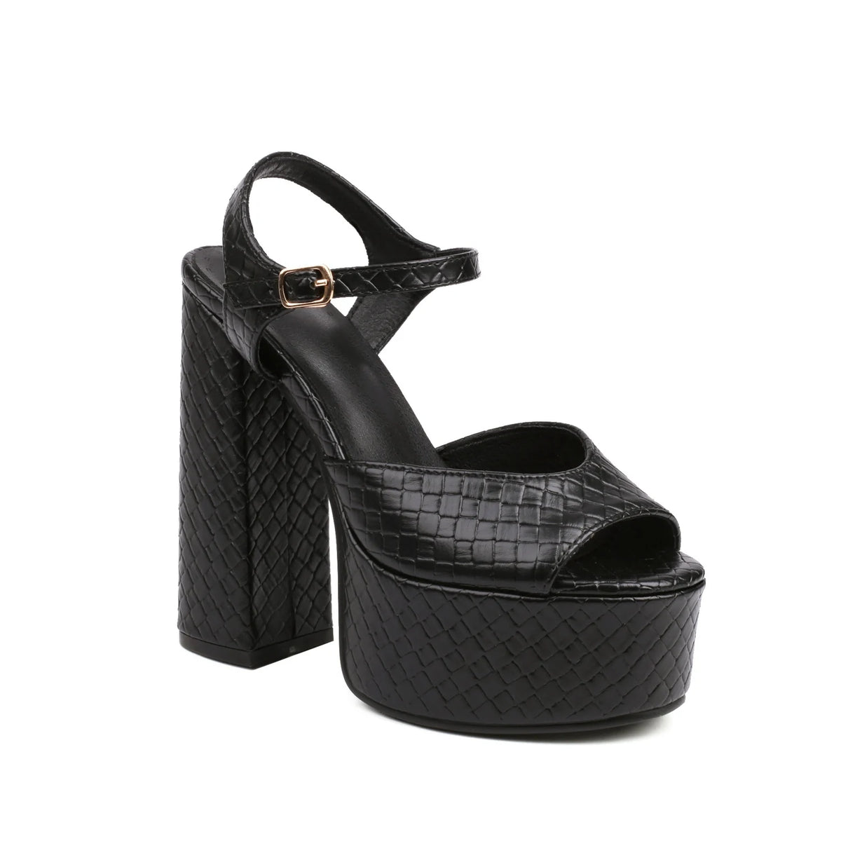 Woven Leather Ankle Buckle Heels Sandals