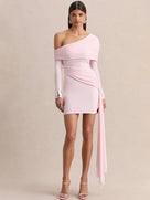 Diagonal Collar Draped Ruched Mini Dress