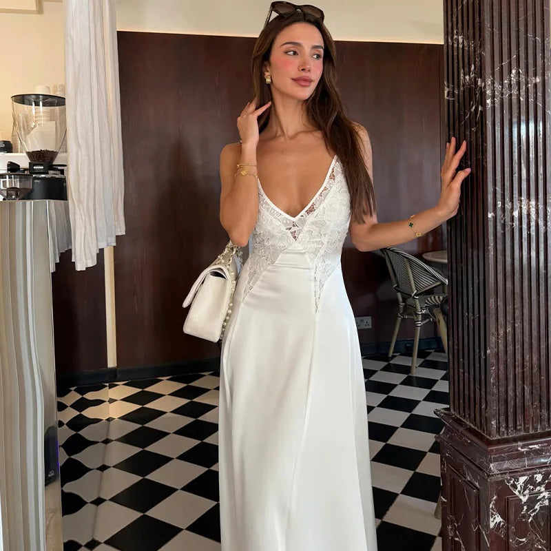 Lace Patchwork V-Neck Maxi Dress
