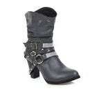 Rivet Buckle Leather Mid-Calf Boots