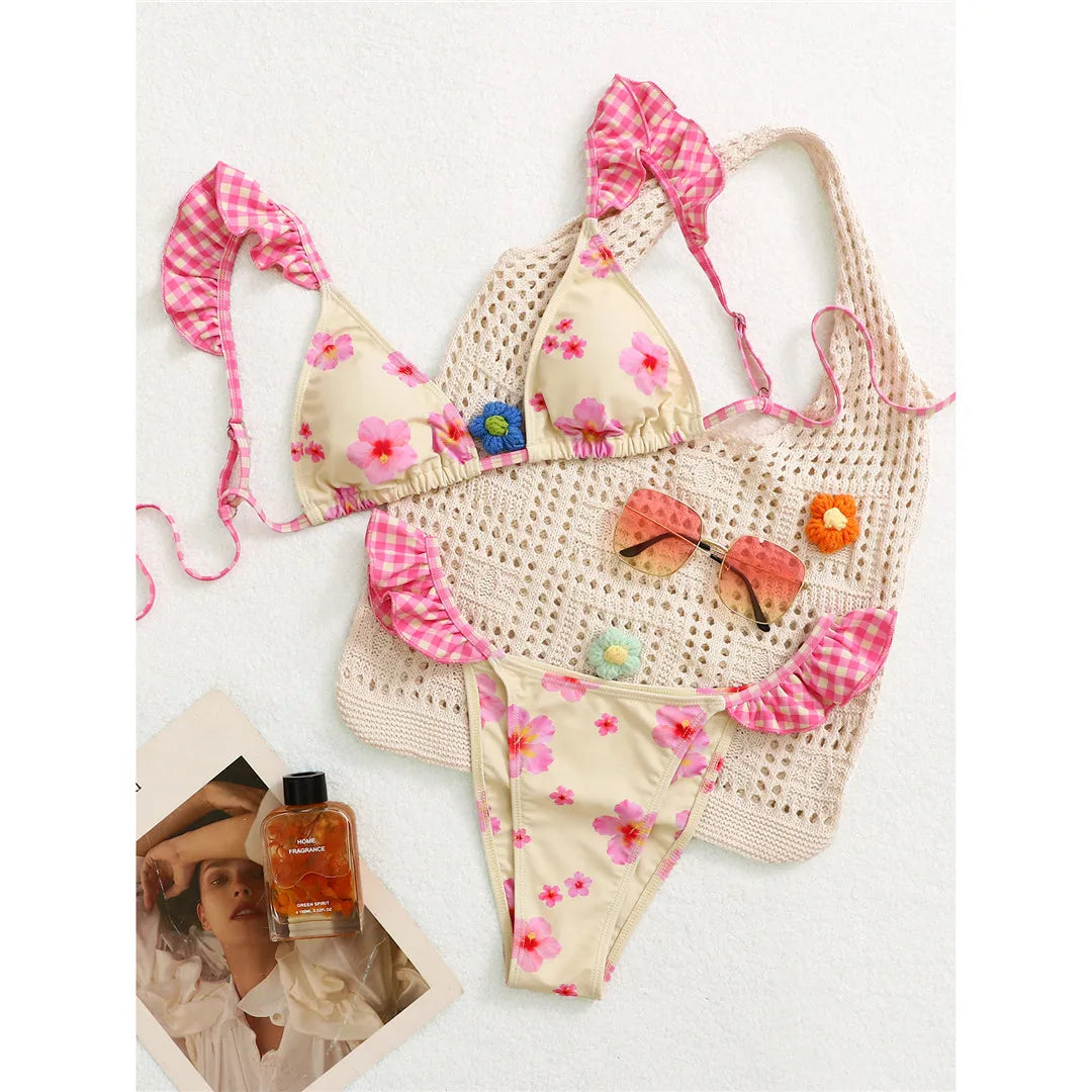 Flower Printed Plaid Ruffles Bikini