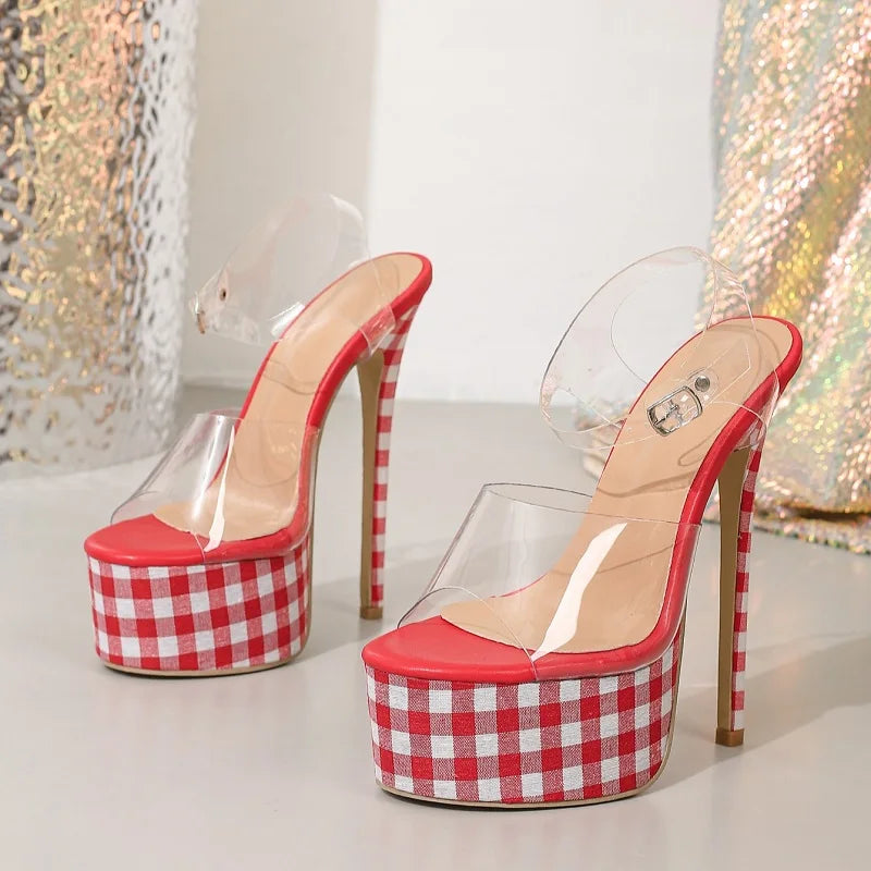Gangham Pattern Transparent Heels Sandals