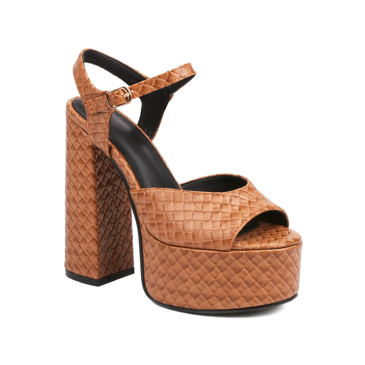 Woven Leather Ankle Buckle Heels Sandals