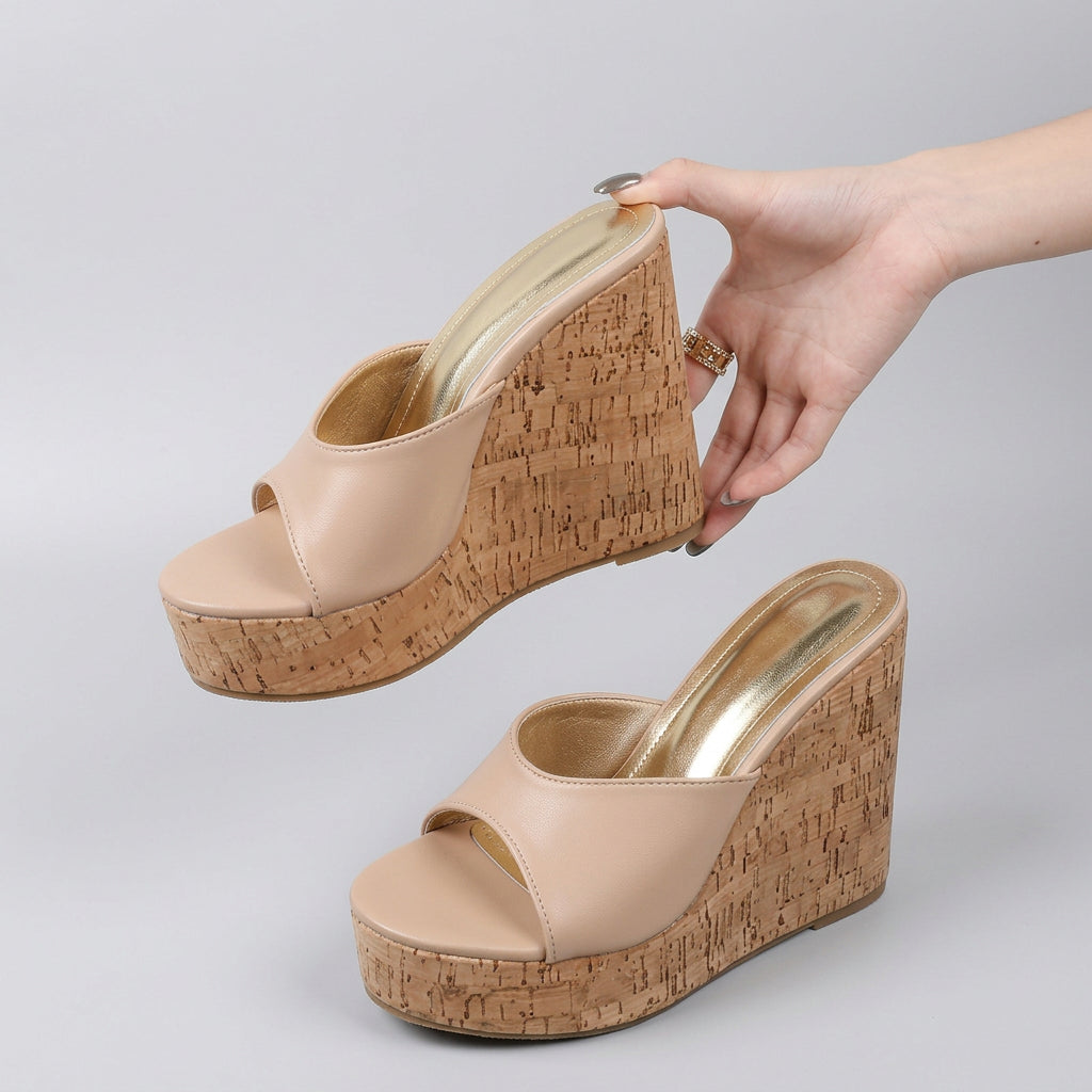 Beige wedge sandals with cork texture being held by a hand on a dark surface.