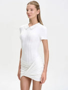 Solid Ruched Polo Collar Mini Dress