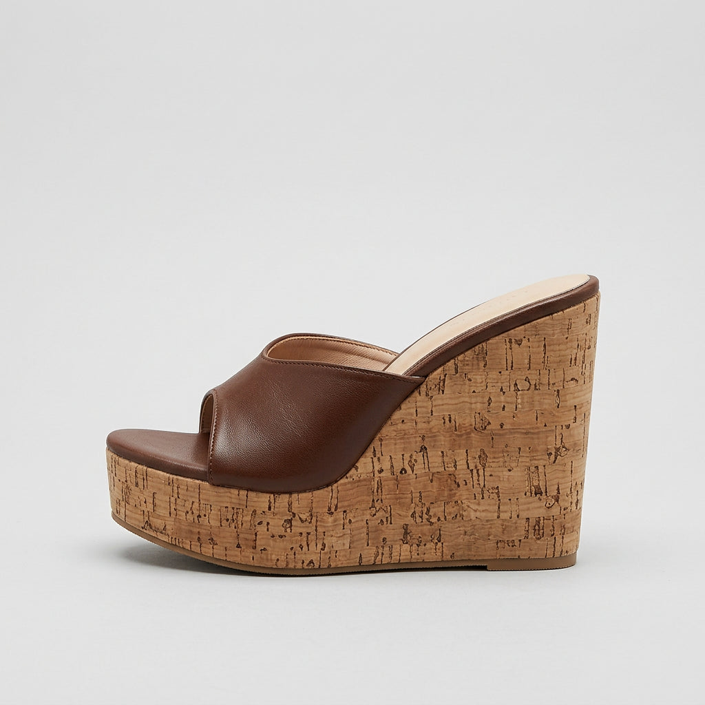 A person seated indoors wearing brown platform mule sandals with cork-look wedge soles, paired with a long dark skirt. A white handbag is beside them, and the setting appears to be a minimalist interior with a bench and light floor.