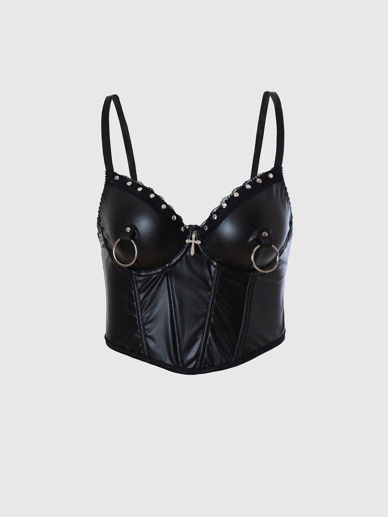 Punk Style Leather Cross Ring Crop Top