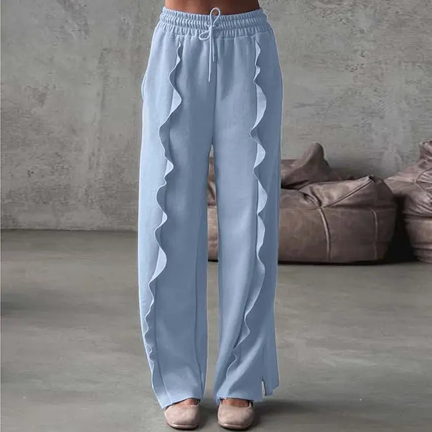 Blue Ruffled High-Waisted Pants