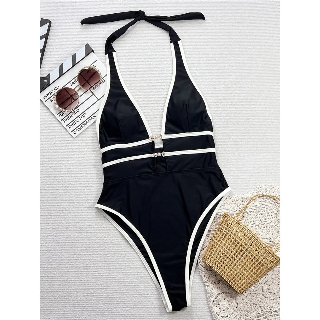 Deep V-Neck Halter Black Monokini