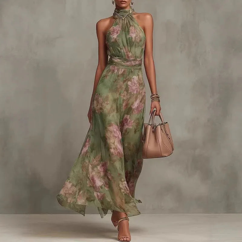 Elegant Halter Green Floral Maxi Dress