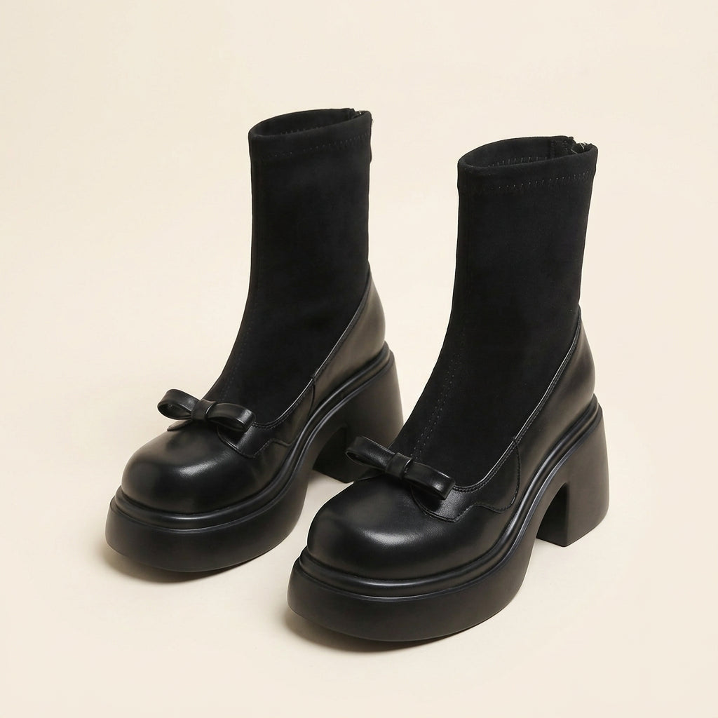 Solid Black Bow Stretch Sock Ankle Boots