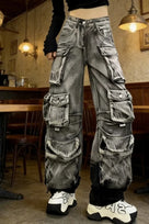 Stacked Pockets High-Waisted Cargo Jeans