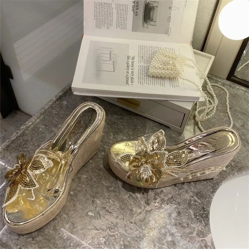 Bling Sequin Flower Transparent Wedges Sandals
