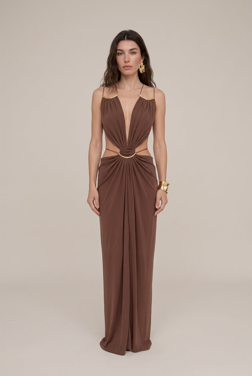 Backless Deep-V Metal Ring Maxi Dress