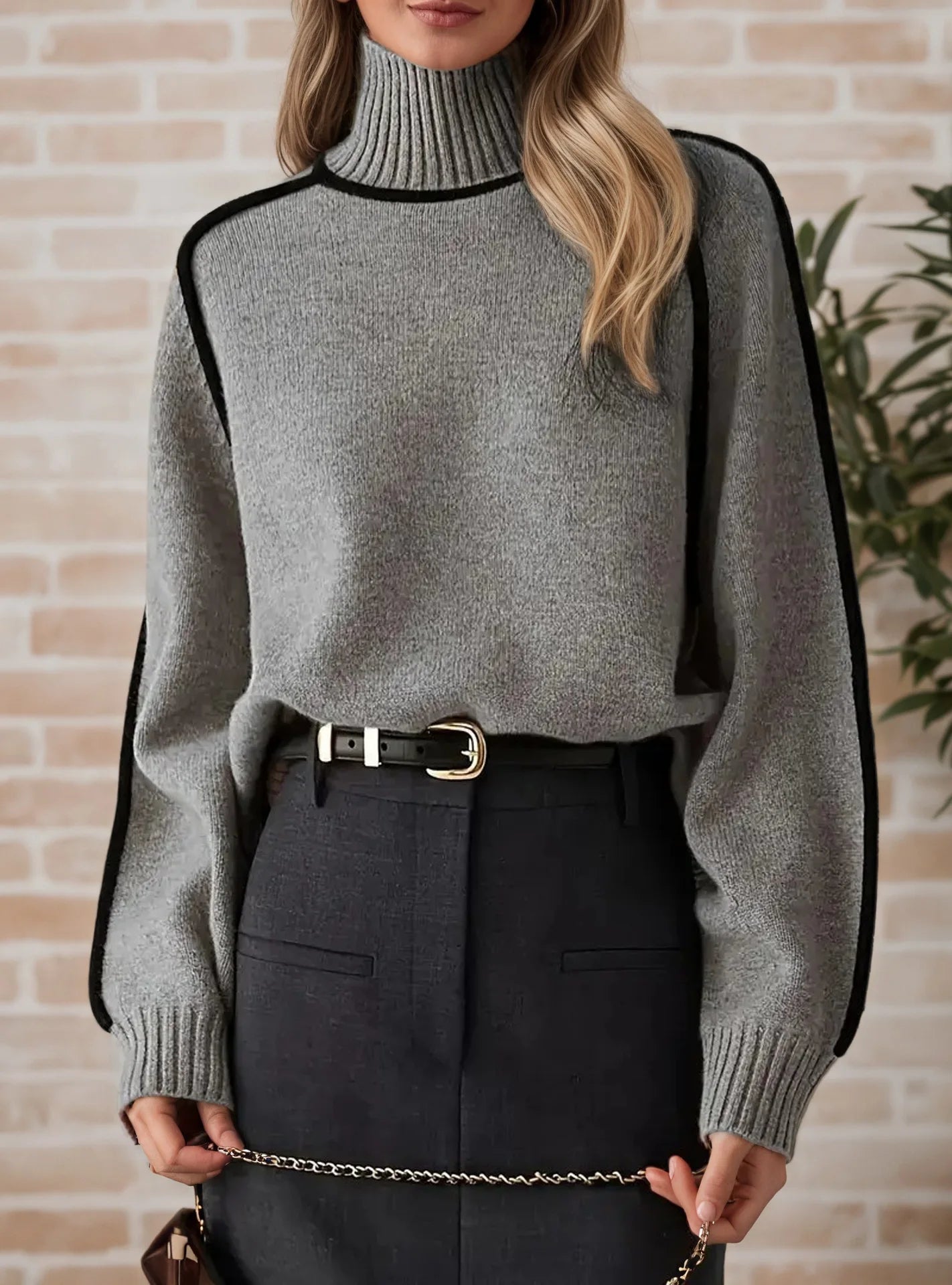 Black Lined Pullover Soft Sweater